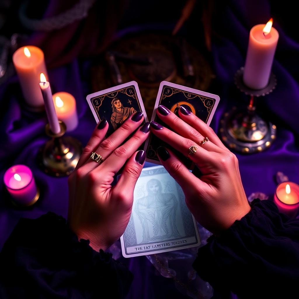 Manos de tarotista sosteniendo cartas entre velas y cristales